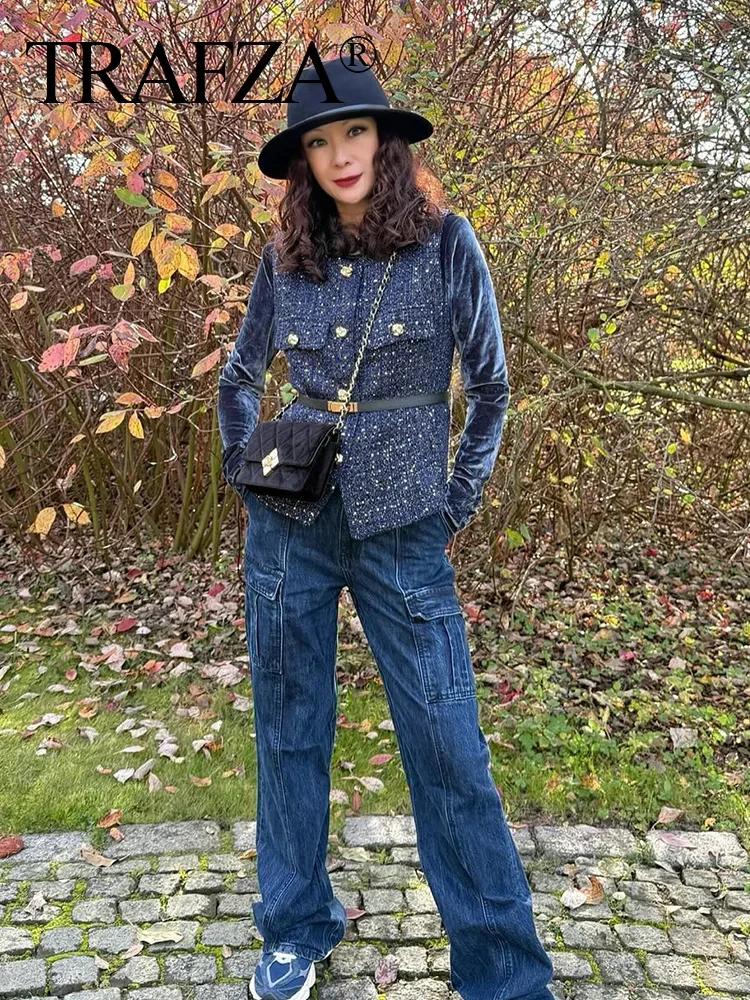 TRAFZA Frau Taste Taschen Dekoration Beiläufige Dünne Weste Chic Top Frauen Mode Oansatz Ärmellose Textur Blau Weste Tops