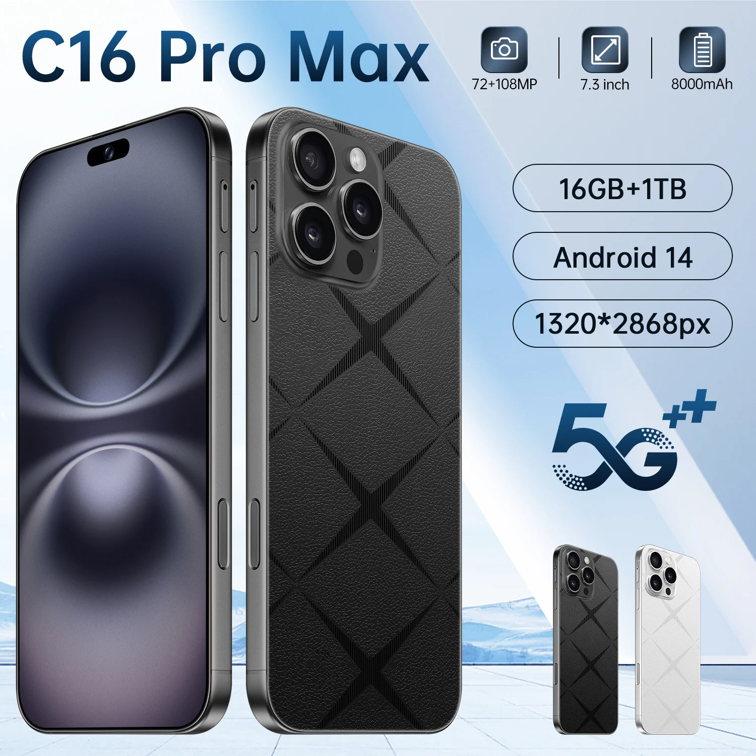 

C16 Pro Max Android Smart Original Phone 7.3 Inch Screen Dual Standby 5G 108MP Camera 8000mAh Global Version Unlocked Phone