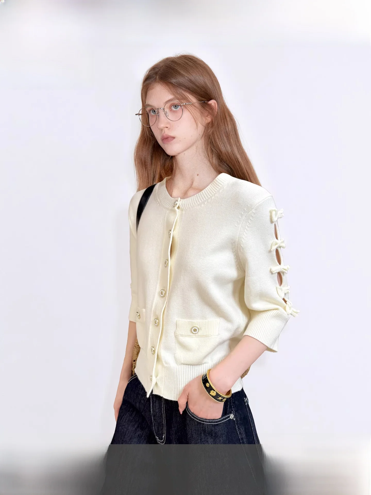 

Fano Luxury Knitted Open Cardigan Women's Spring 2026 New Style Knot Seven Sleeve Tops Soft Medium Polyester Blend