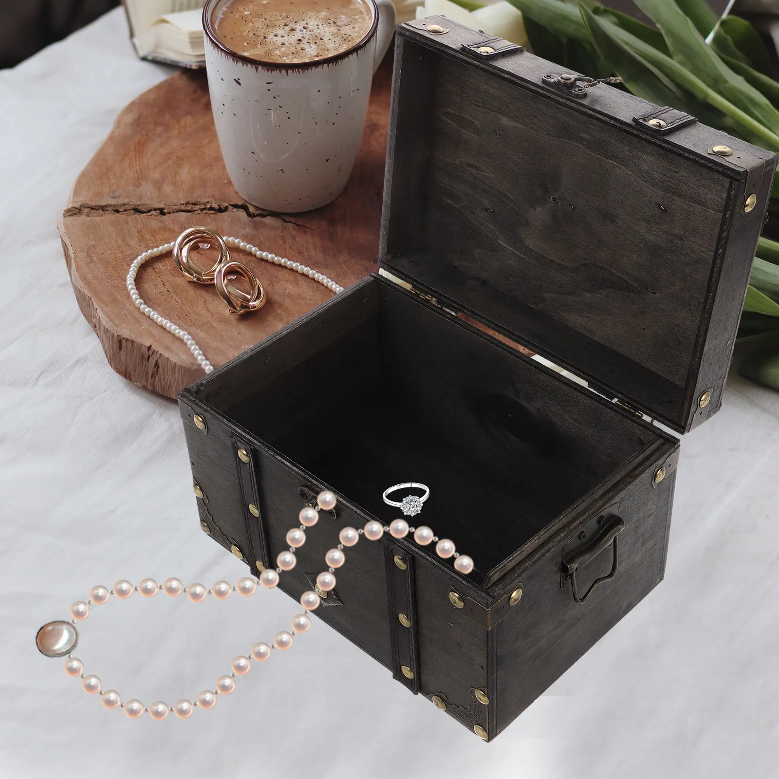 

Vintage Wooden Storage Chest Dark Grey Large Capacity Lock Treasure Box Keepsake Trunk Jewelry Organizer Decorative Storage Box