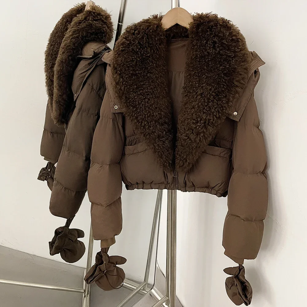 OFTBUY Neue Kapuzen-Winterjacke für Damen mit Echtem Lammfell, Entendaunen, Kurzer Echtfell-Puffermantel mit Abnehmbaren Handschuhen – Detail 15