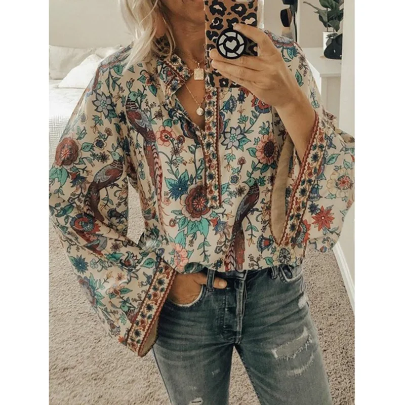 Vintage Blouse Voor Dames 2023 Zomer V-Hals Lange Flare Mouw Bloemenprint Shirts Casual Losse Kantoor Dame Blouse Tops S-5XL