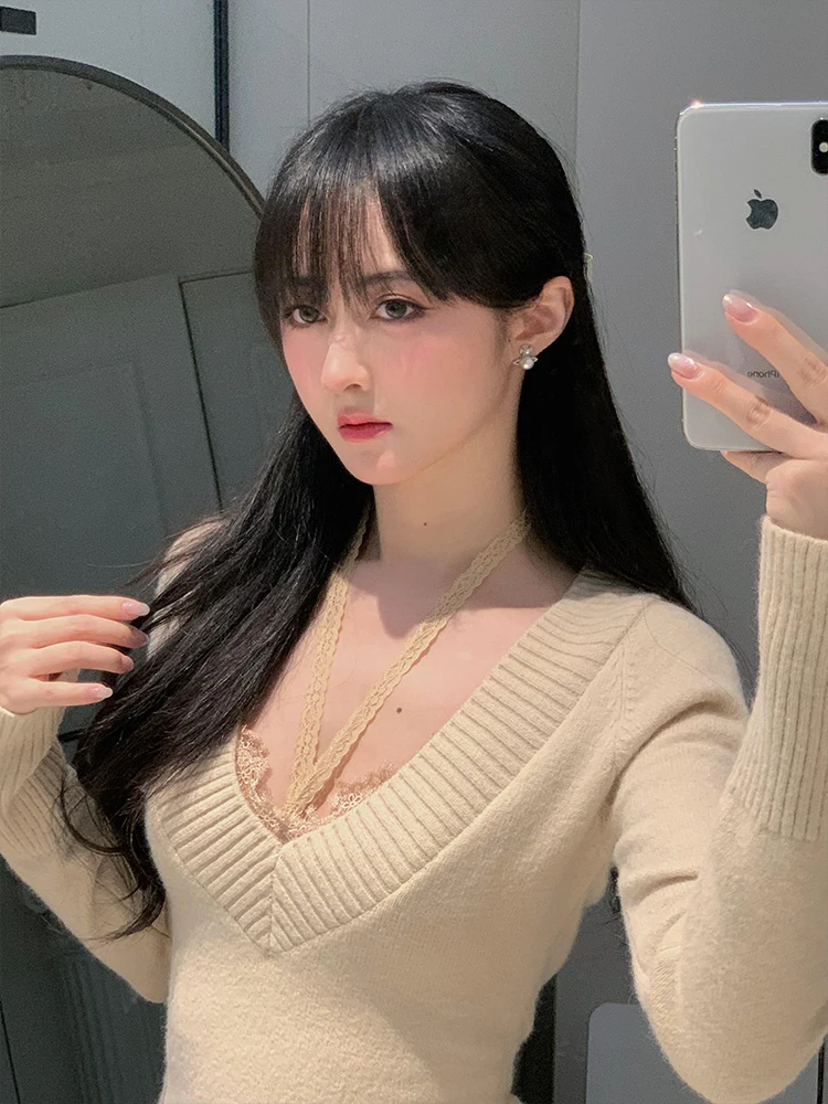 Retro V-Ne Pullover Damen Herbst Winter Slim Fit ort Sle Lazy Base Layer Oberbekleidung Strickpullover Kleine Größe Top