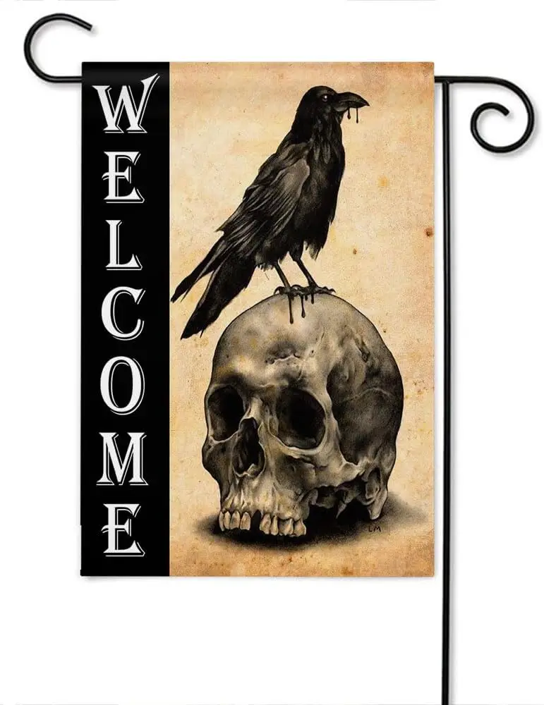 Halloween Skull Raven Garden Flag Vertical Double Sided Horror Bird On Skeleton Head Welcome House Flags Home Burlap Banners 12.