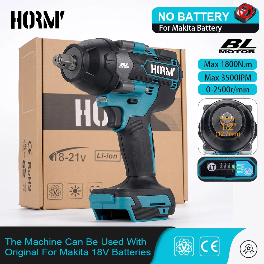 Hormy Brushless Cordless Electric Impact Wrench 1800N.M Torque 1/2\'\' Electric Screwdriver Power Tool For Makita 18V Battery