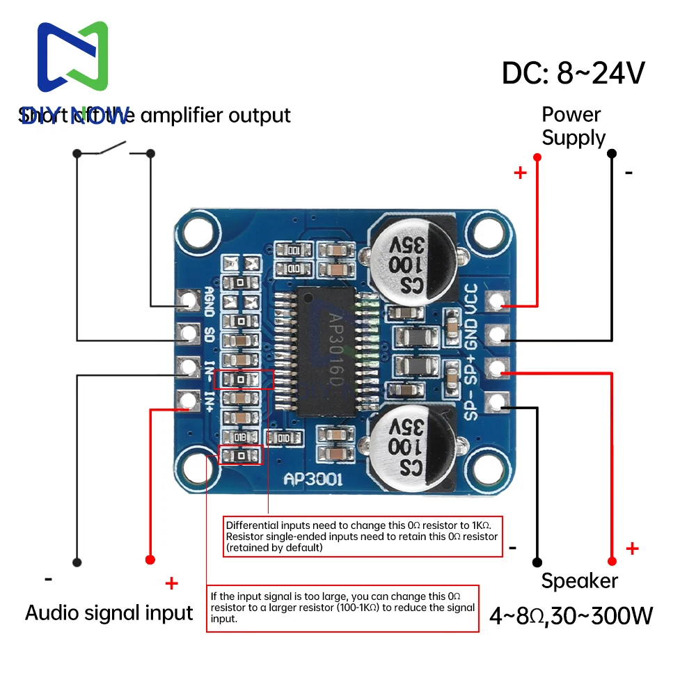 AP3001 Audio Amplifier Module DC8-24V Class D Digital Amplifier Board Audio Mono 10W/20W/30W High Power Amplifier Module