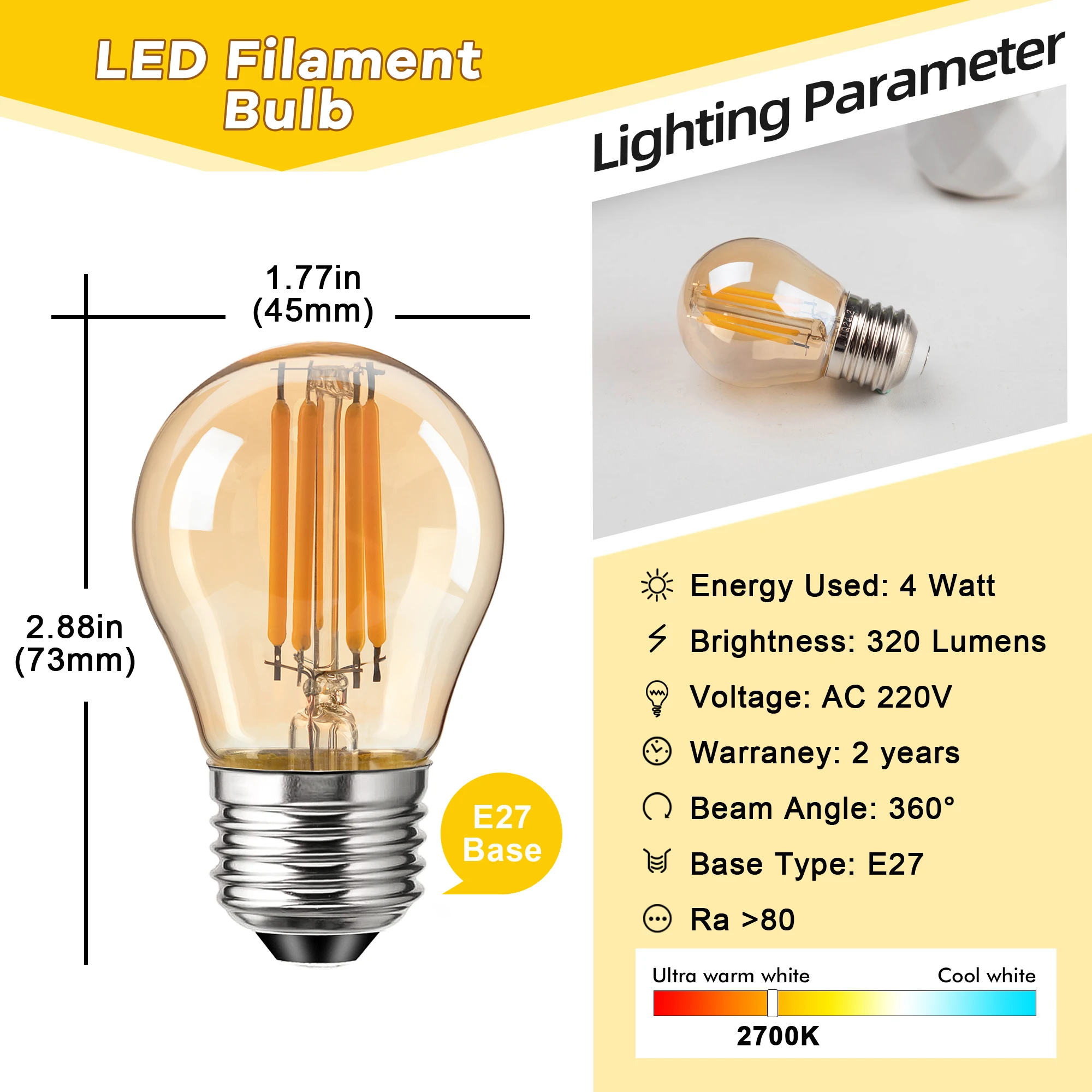 G45 4W Globe Light Bulbs Amber Glass LED Filament E27 Screw Base 220V 2700K 40W Equivalent Retro Decorative Dimmable Edison Bulb