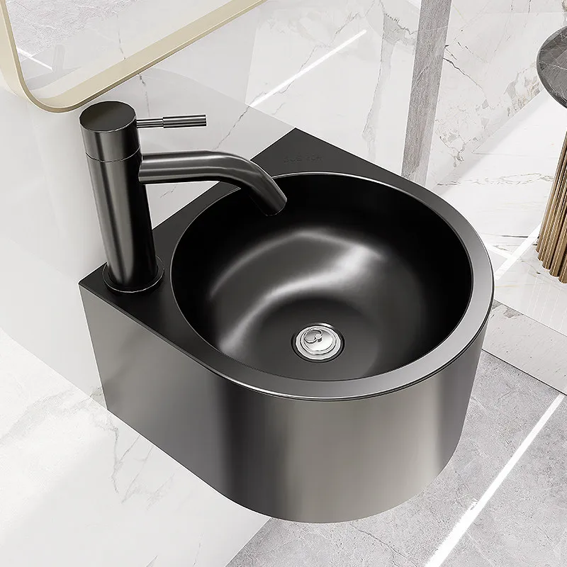 304 Stainless Steel Black Wall-Hung Washbasin, Outdoor & Bathroom Sink, Compact Hand Washing Basin