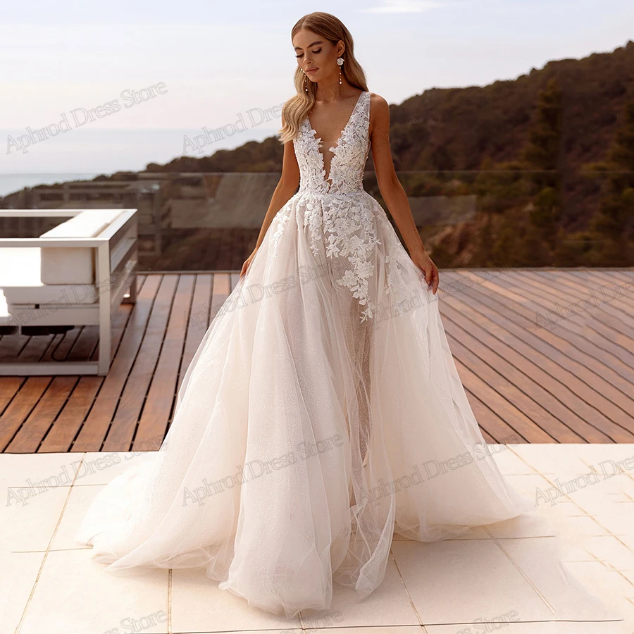 Classic Wedding Dresses A-Line Tulle Tiered Bridal Gowns Lace Appliques Sexy High Slit Robes For Brides Vestidos De Novia 2024