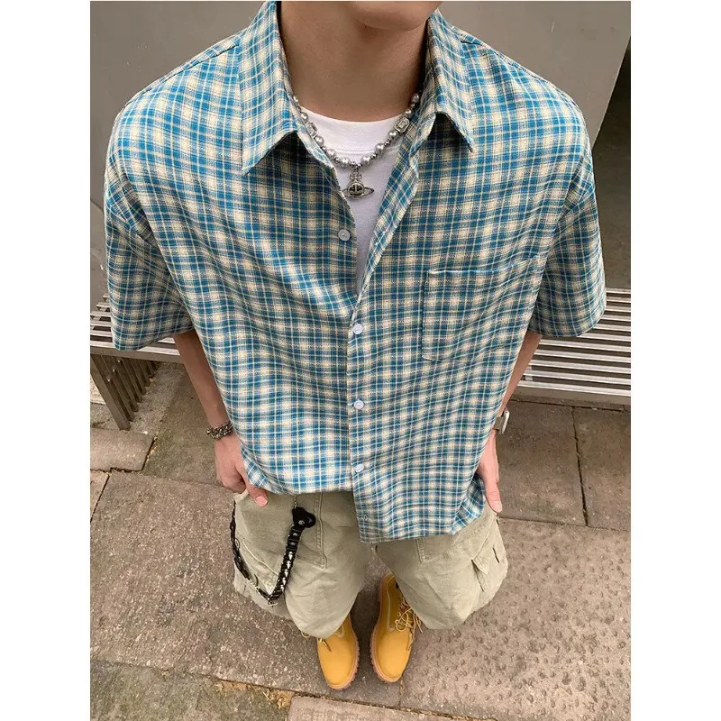 American Retro Plaid Shirt Men's Loose Short-sleeved Summer Casual Shirt