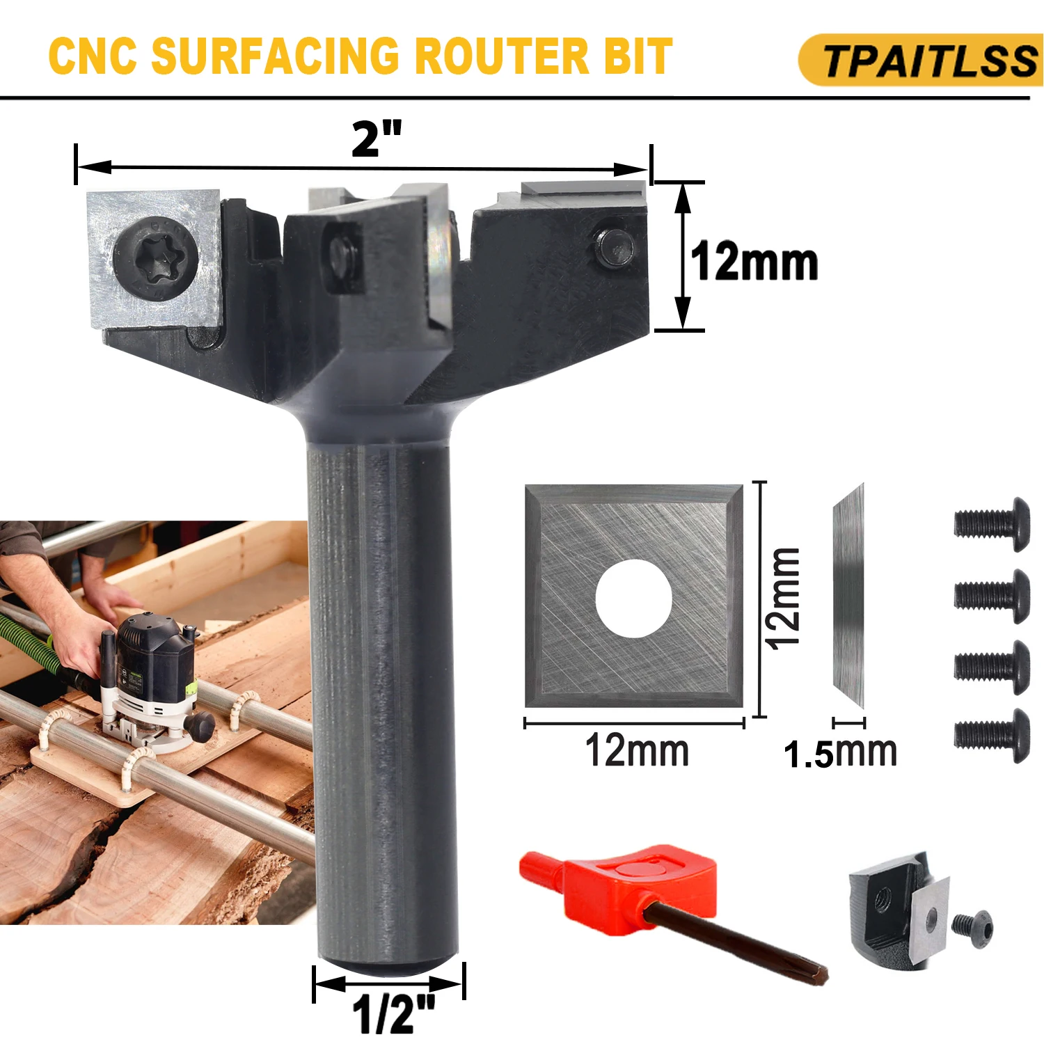CNC Spoilboard Surfacing Router Bits, 4 Wings Rotation Carbide Insert Slab Flattening&Rabbeting Flycutter Planing Bit 2"Diameter