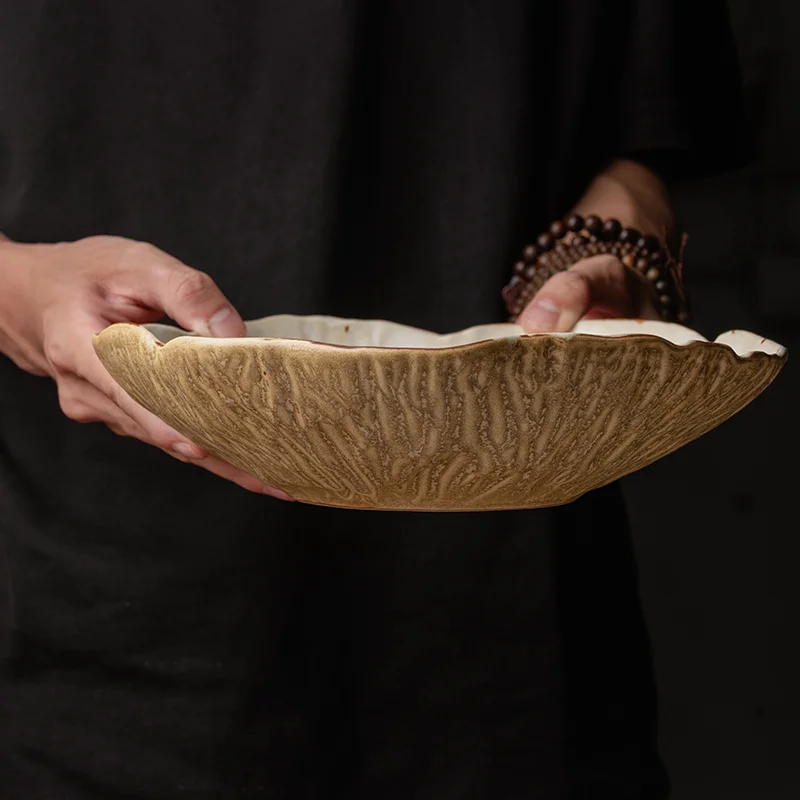 Chinese 9-inch Lotus Leaf Plate Vintage Creative Ceramic Plates Handmade Old Porcelain Dinner Blow Afternoon Tea Blows