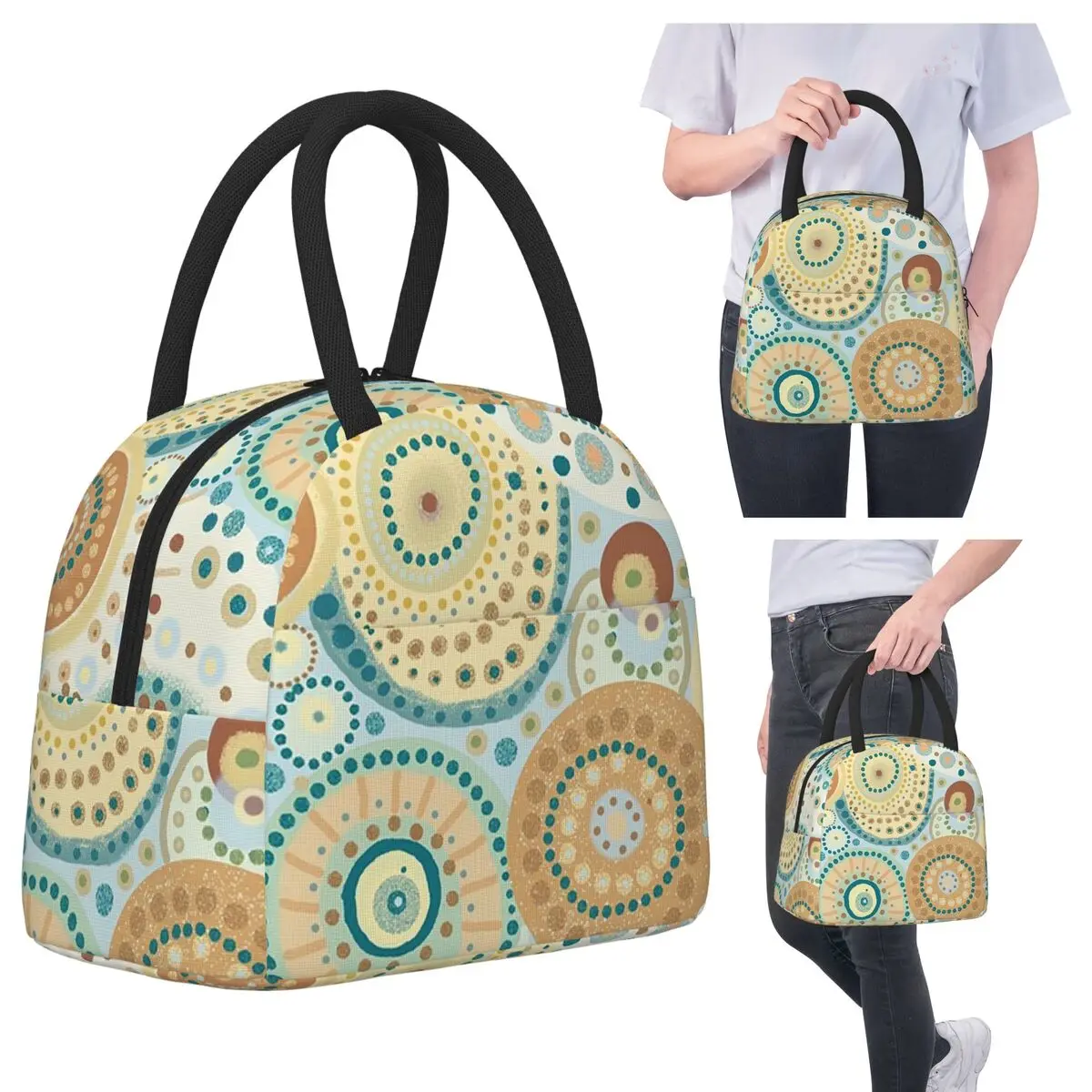 

Natural Tones Desigual Mandala Insulated Lunch Bag for Kids School Cooler Thermal Food Box Tote Portable Lunch Boxes Container