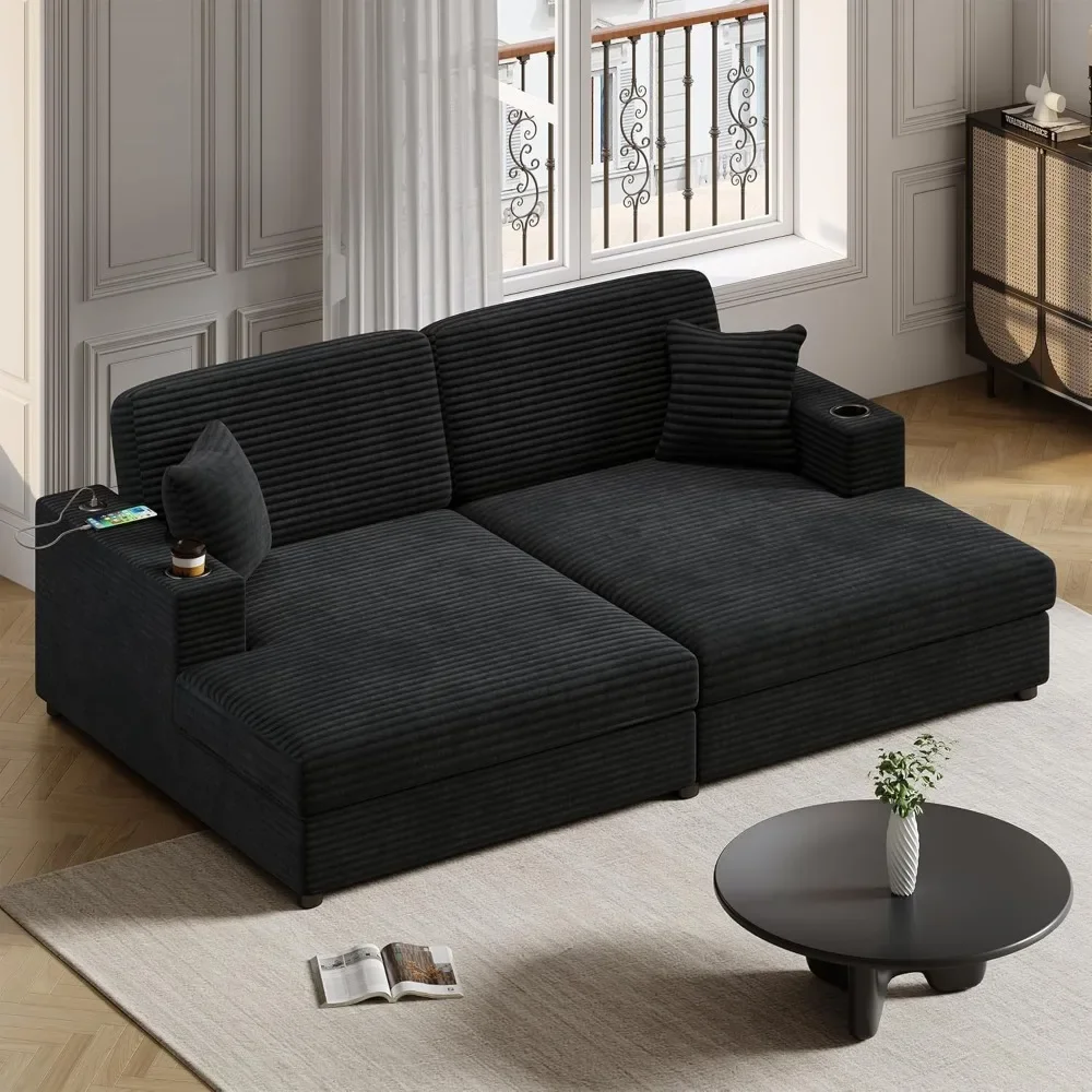 

Loveseat Chaise Lounge, Corduroy Sleeper Sofa with Two USB Ports, Two Cup Holders and Two Throw Pillows, Suitable to Living Room