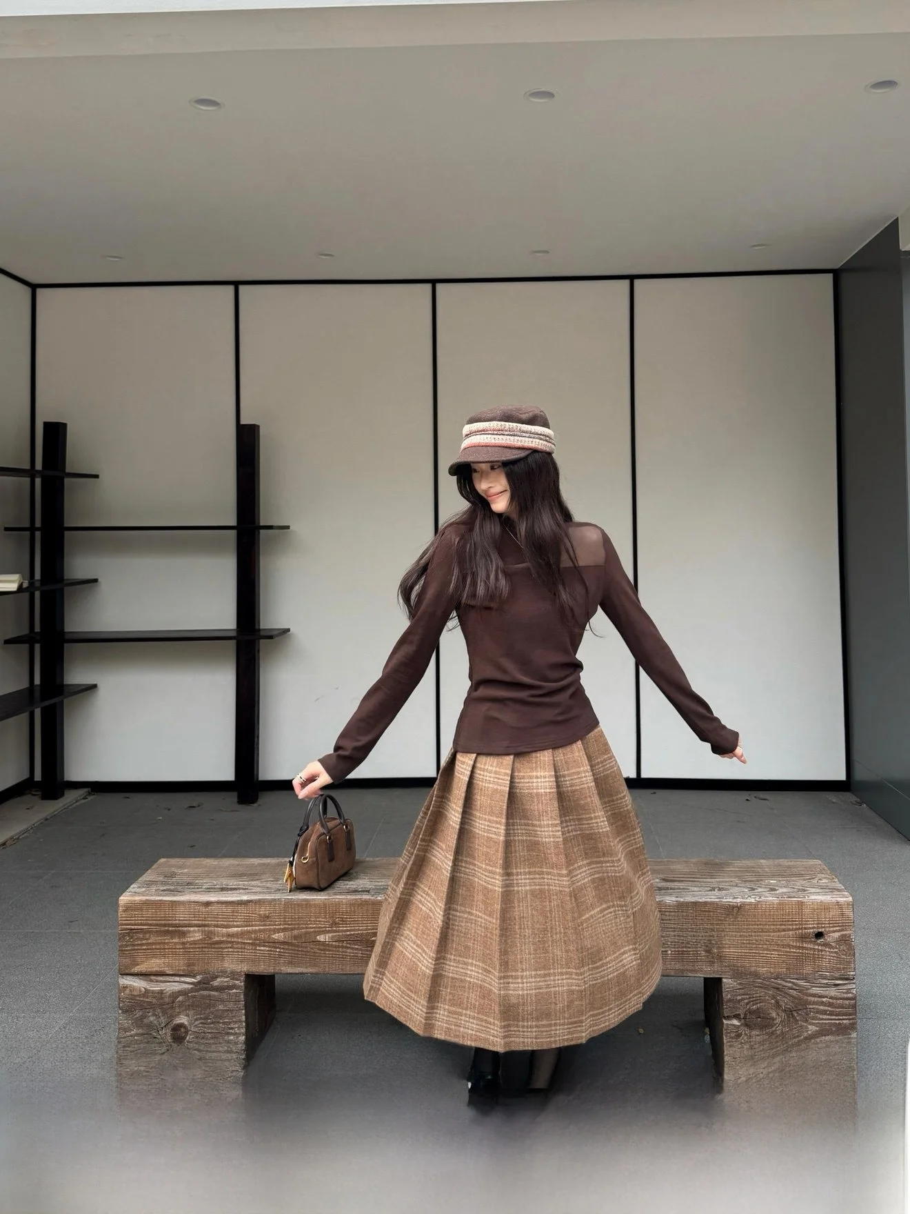 

UKILAU Vintage Mermaid Print Loose A-Line Midi Skirt High Waist Women's Pleated Skirt Korean Sle Commute Casual Wool Blend