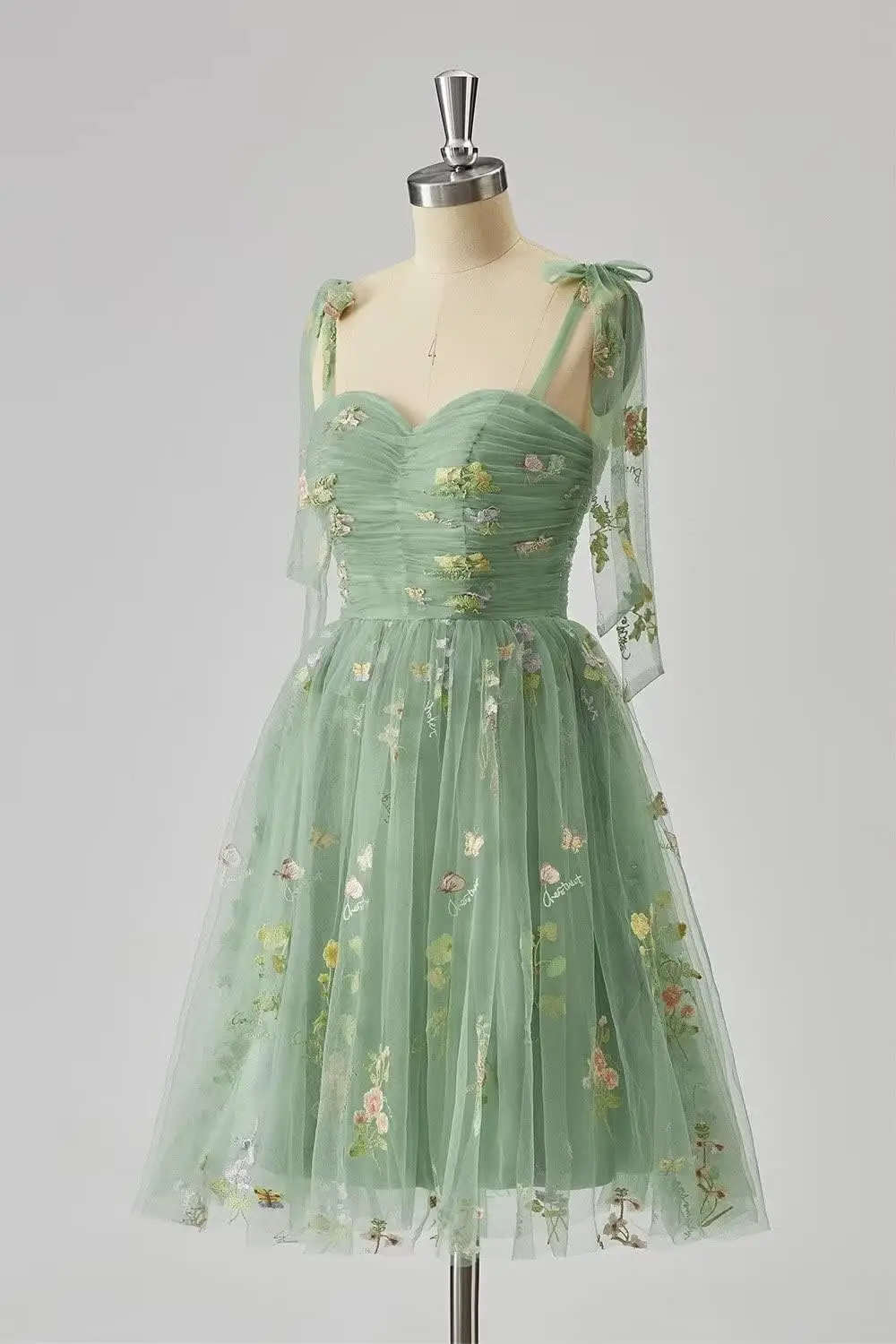 Women's Puffy Sleeve Prom Dresses Flower Embroidery Tulle Formal Evening Dress Ruched Wedding Party Gowns Girls Homecoming Gown