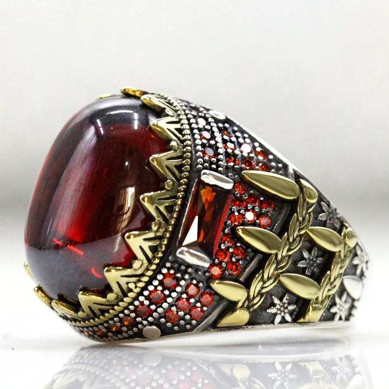 S925 الفاخرة Türkiye الرجال اليدوية خاتم موضة AAA الأحمر الزركون المرأة اليدوية الفاخرة مجوهرات حفلة هدية