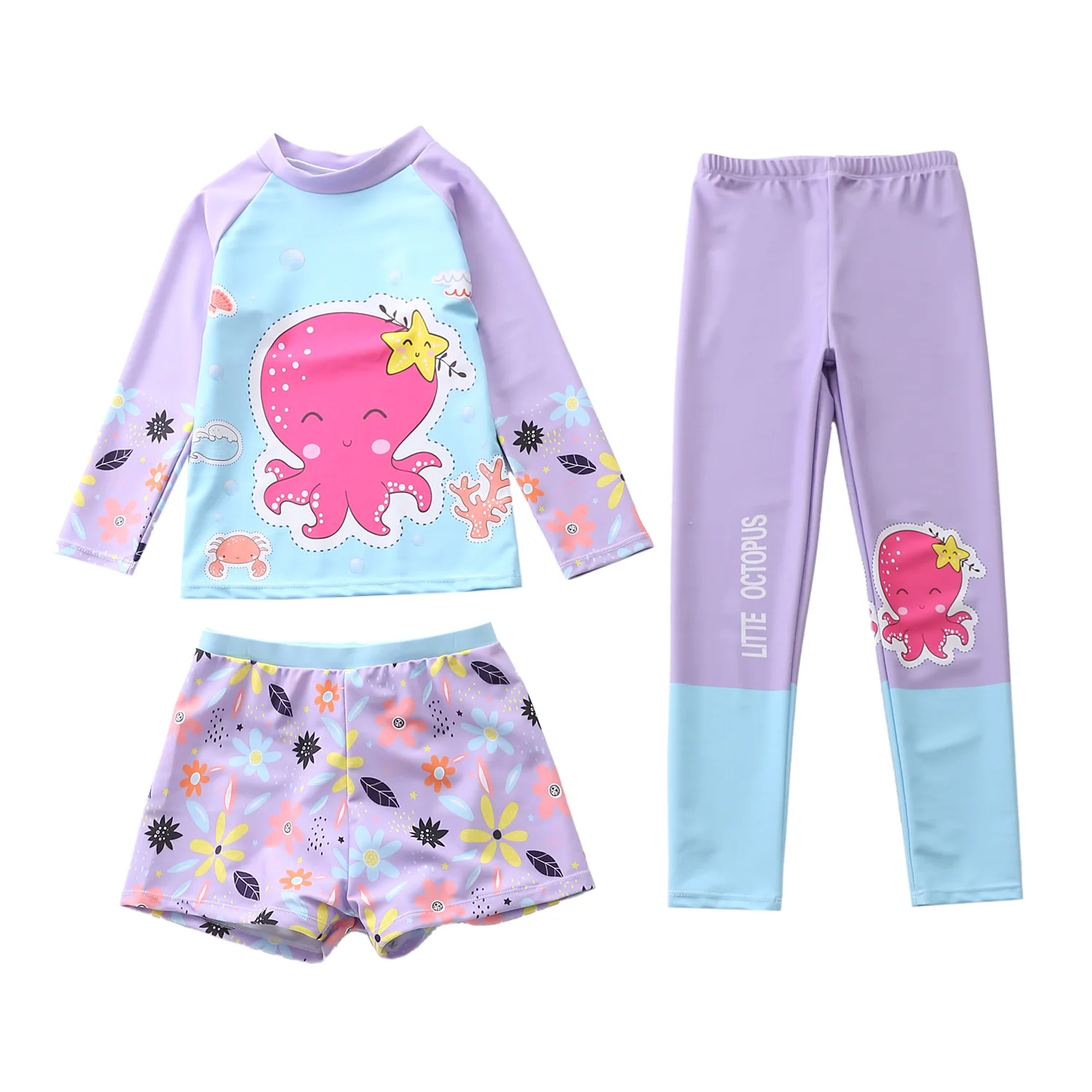 HappyFlute 3PC/Set Cartoon Print  Long Sleeve Small Size 16-28kg Baby Girl's Conservative Sunscreen Swimsuit