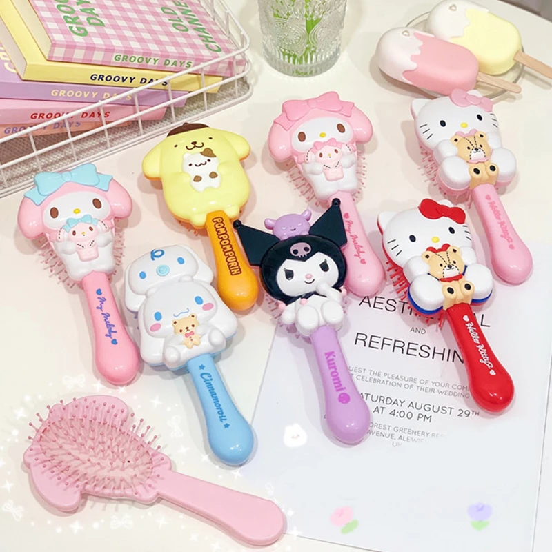 Sanrio-Espejo de maquillaje de mano para mujer, peine de Airbag de masaje de dibujos animados, herramienta de belleza portátil, peine de pelo Kawaii, regalos de vacaciones