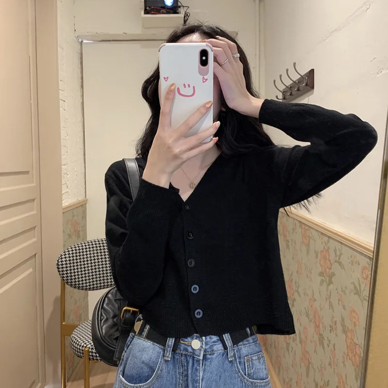 Koreanische Version Lose Herbst Kurze Hohe Taille Lange-ärmeln Äußere Top, Pelzigen frauen Jacke V-ausschnitt Strick Pullover strickjacke