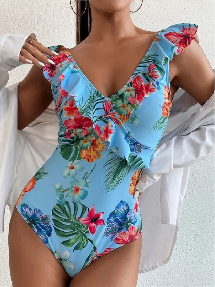 Sexy Micro Bikini One Piece Swimsuit Women 2024 Swimwear Vintage Bathing Suit Shoulder Ruffle Swmiming Suit Backless Monokini