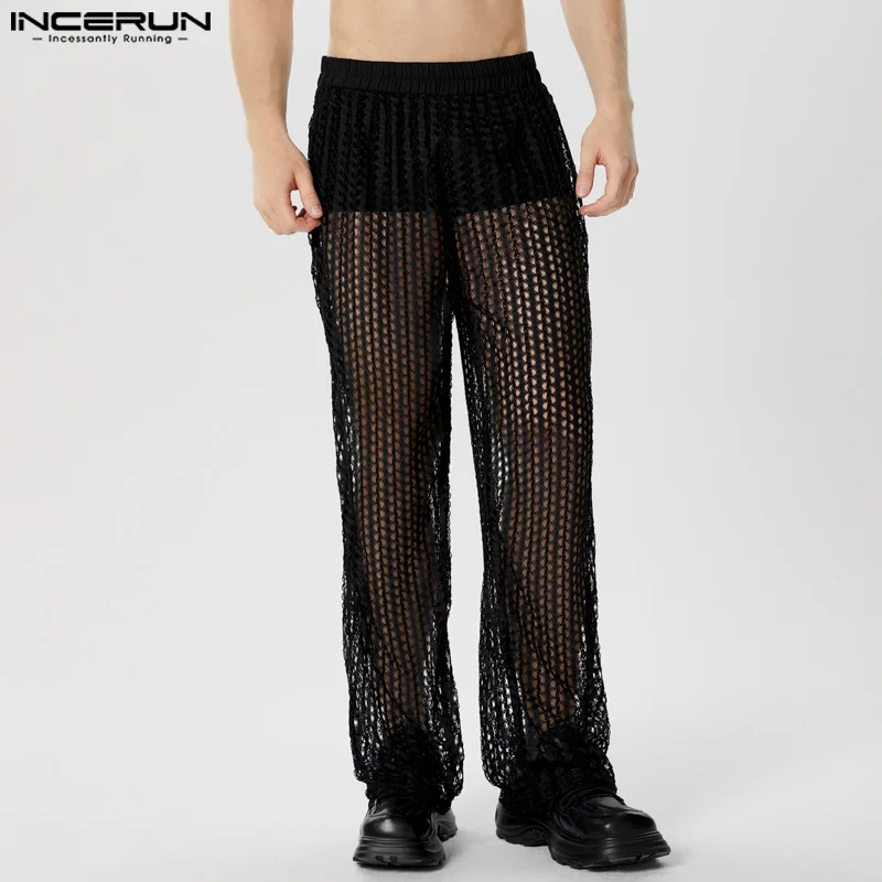 INCERUN 2024 American Style Trousers Sexy Men's Thin Hollow Mesh Design Long Pants Casual Party Show Hot Selling Pantalons S-5XL