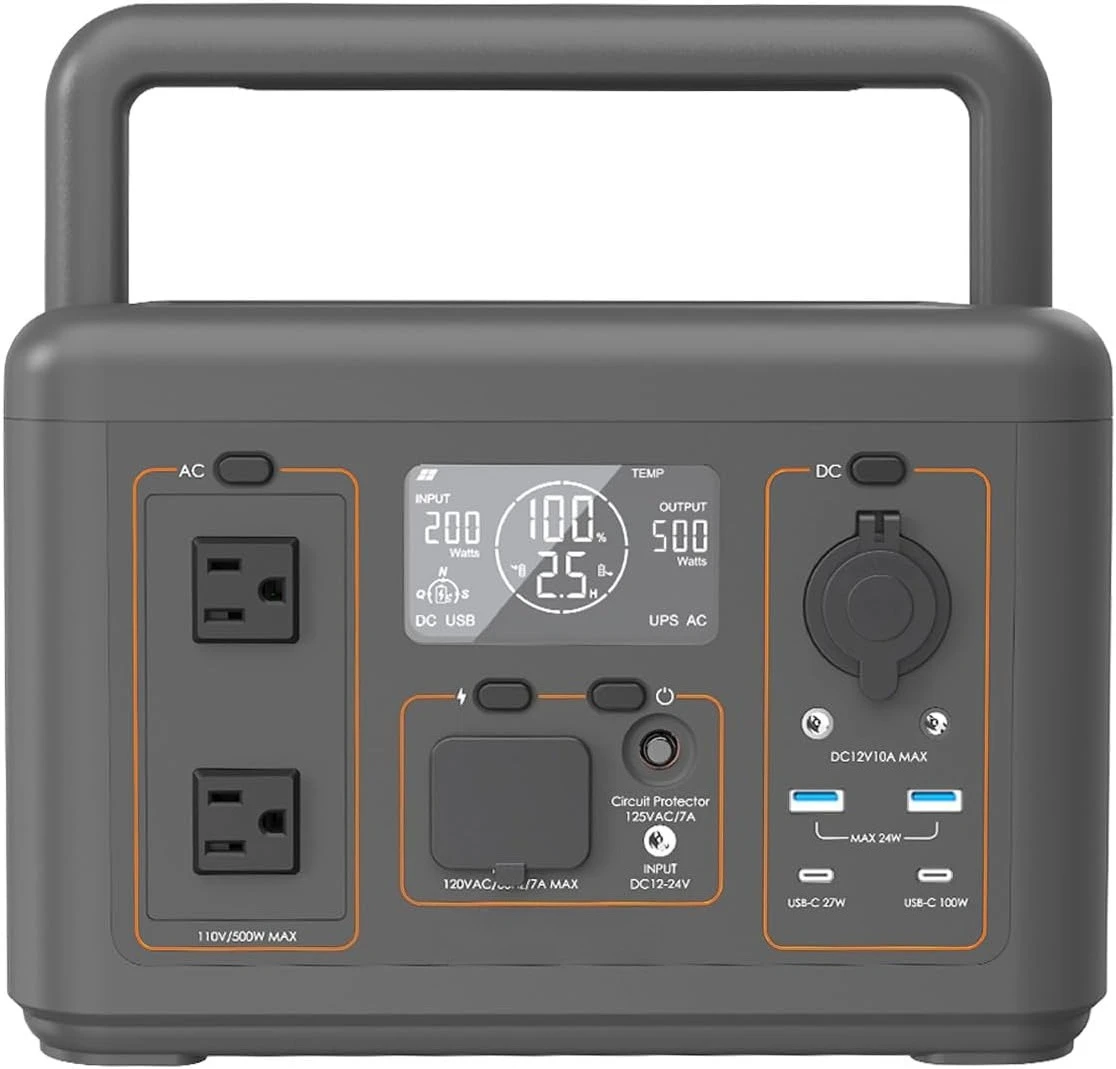 

Солнечный генератор 500 Вт, аккумулятор LiFePO4 512 Вт·ч, функция ИБП, быстрая зарядка за 2,5 часа, 2 розетки переменного тока (пиковая мощность 1000 Вт)