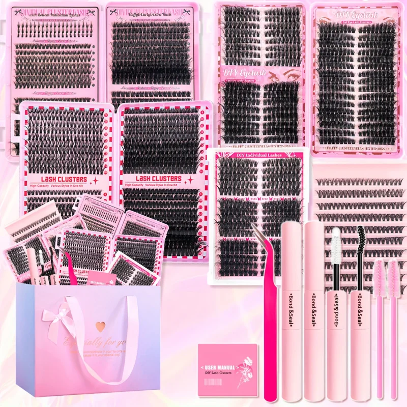 2416개 속눈썹 클러스터 선물 세트, 5가지 스타일 (40D, 60D, 80D, 100D 및 60D&80D 플러피 바텀 래쉬), 간편하게 적용 가능, 재사용 가능