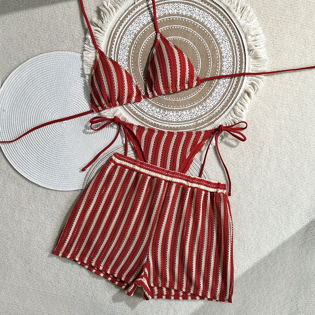 With Shorts Striped Halter Bikini Female Swimsuit Women Swimwear Three-pieces Bikini set Padded Bather Bathing Suit Swim SW849