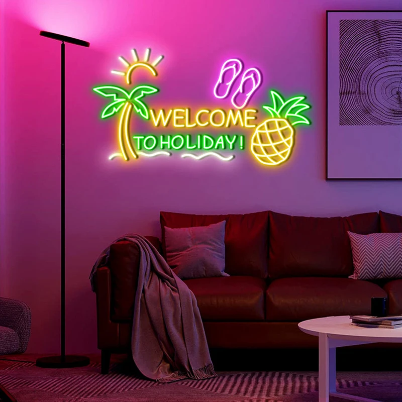 Welcome To Holiday btNeon Signs, Happy Summer Neon Light, Beach House, Bar Wall Art Decorations, Led Lights Sign