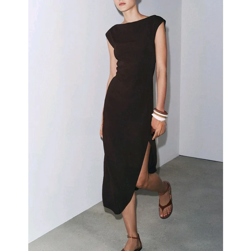 여름 새 여성 긴 원피스 드레스 드레이프 숄더 디자인 레이온 블렌드 슬림핏 보트 넥 민소매 3332376