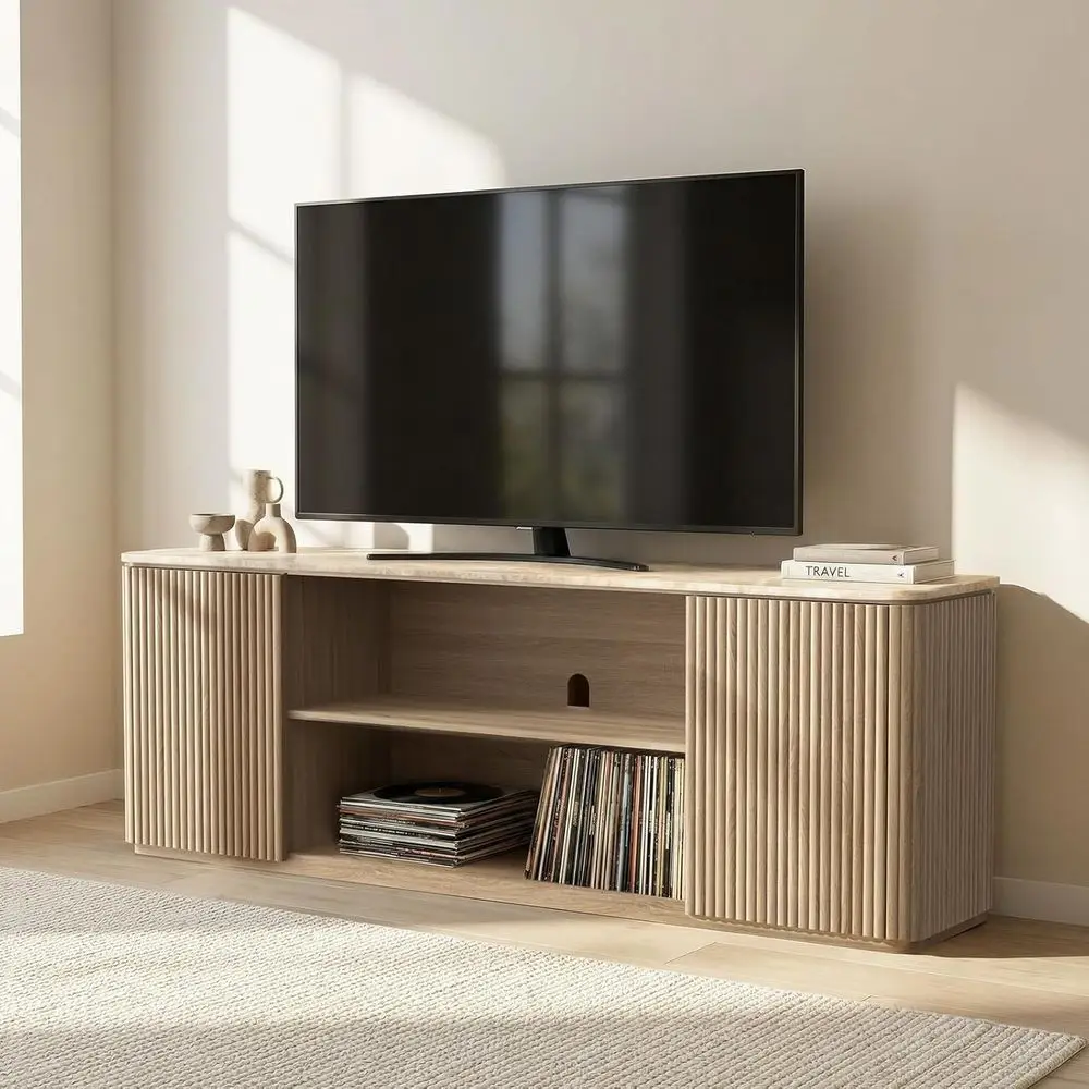 

80 TV Stand with Storage, Adjustable Shelves, Marble Top, Curved Design for Living Room in Natural Oak Finish