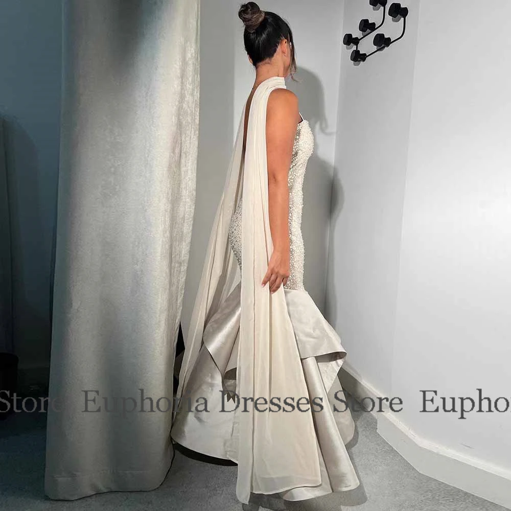 فساتين لحفلات الكوكتيل الفاخرة 2025 الساتان حورية البحر/البوق فستان المشاهير الشمبانيا ساحة الرقبة اللؤلؤ شال المتدرج Ruched فساتين لحضور الحفلات الموسيقية #3