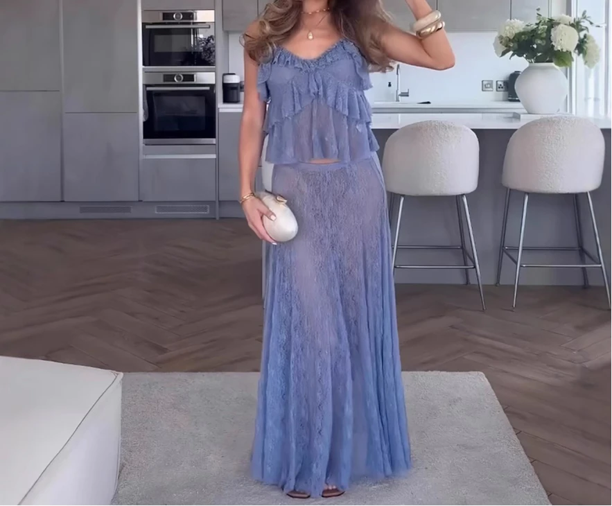 

Women's Clothing 2025 Summer New Transparent Lace Layered Top and Half Body Skirt Set