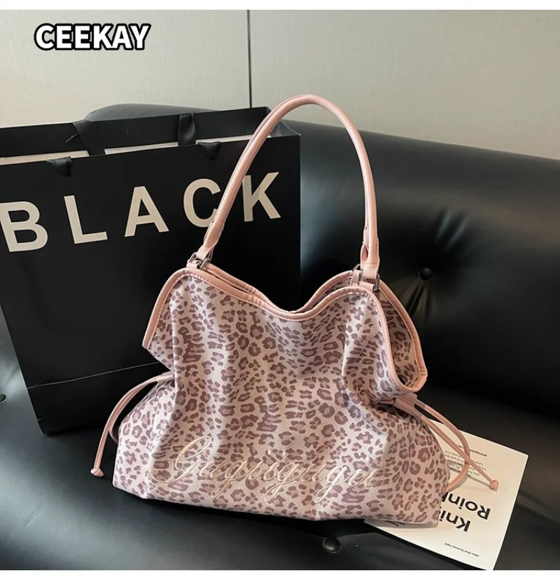 CEEKAY Women's Tote Bag Light Pink Leopard Print Large Shoulder Handbag Letter Embroidery Drawstring Detail Daily Casual Sweet - view 5