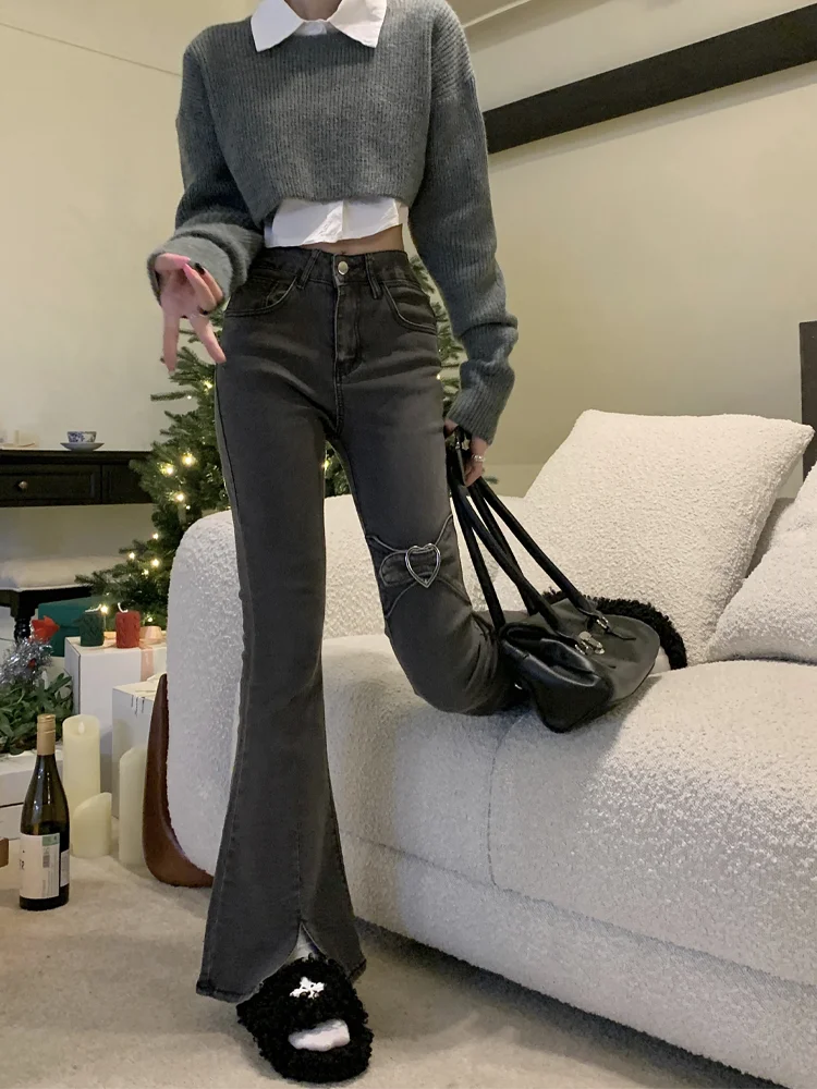 Gray Jeans for Women Y2k High Waist Flared Pants Slit Elasticity Slim Vintage Streetwear Denim Trouser