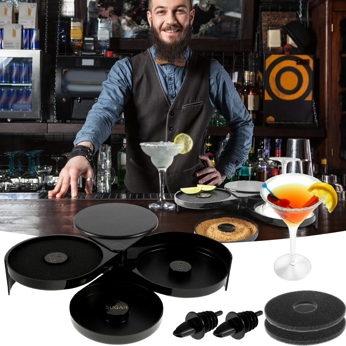 Salt Rimmer Set 3-Tier Foldable Bar Glass Rimmer Set for Cocktails with 2 Pourers and 3 Sponge Pad Plastic Black Sugar Salt