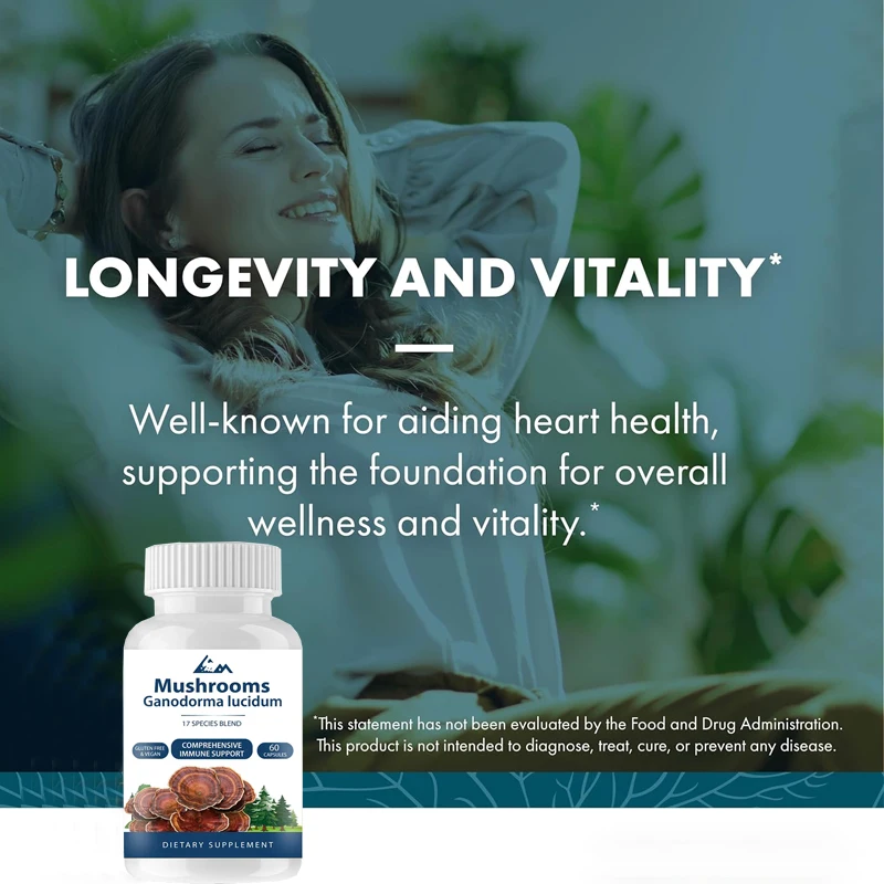 Mushrooms ganodora lucidum capsules, supporting general health and vitality, mushroom supplement, odorless, 60 capsules