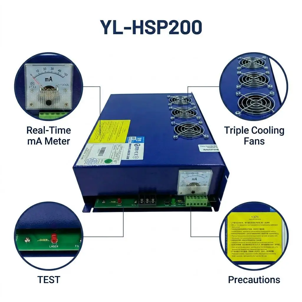 Original Yongli 200W CO2 Laser Power Supply Blue Color YL-HSP200 Power Source For DLT Series DLT300 Laser Tube