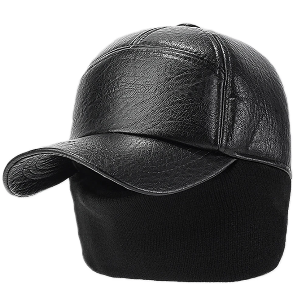 FS Vintage Black Brown PU Leather Hat Winter Baseball Cap For Men Outdoor Windproof Women Earflaps Hats Warm Trucker Caps Bone