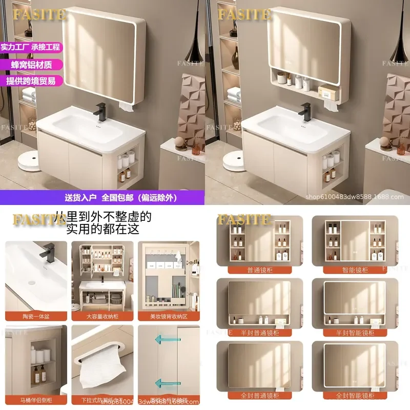 For Small Apartment Aluminum Bathroom Cabinet with Side Storage Space Integrated Ceramic Basin Wash Table Vanity Unit Modern