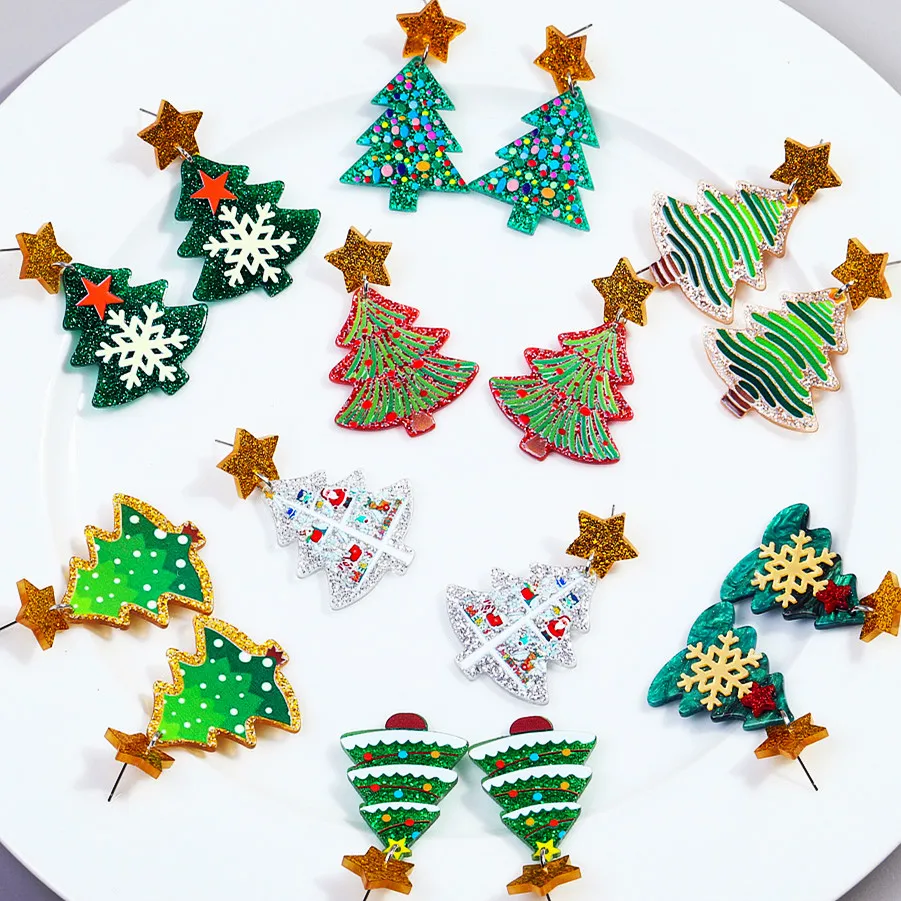 بريق الاكريليك شجرة عيد الميلاد نجمة استرخى أقراط للنساء ، الكرتون بيان النبات القرط ، هدايا عيد الميلاد والمجوهرات ، جديد ، والأزياء #5