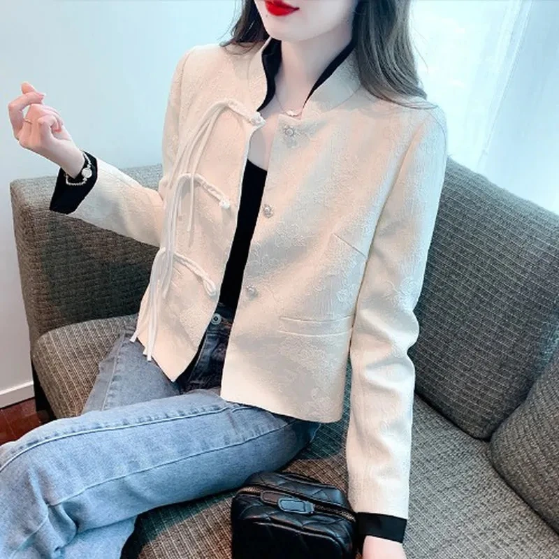 Autumn 2025 New Vintage Button Coats Chinese National Short Jacket Women's Outwear Spring Slim Printed Long Sleeve Coat Tops