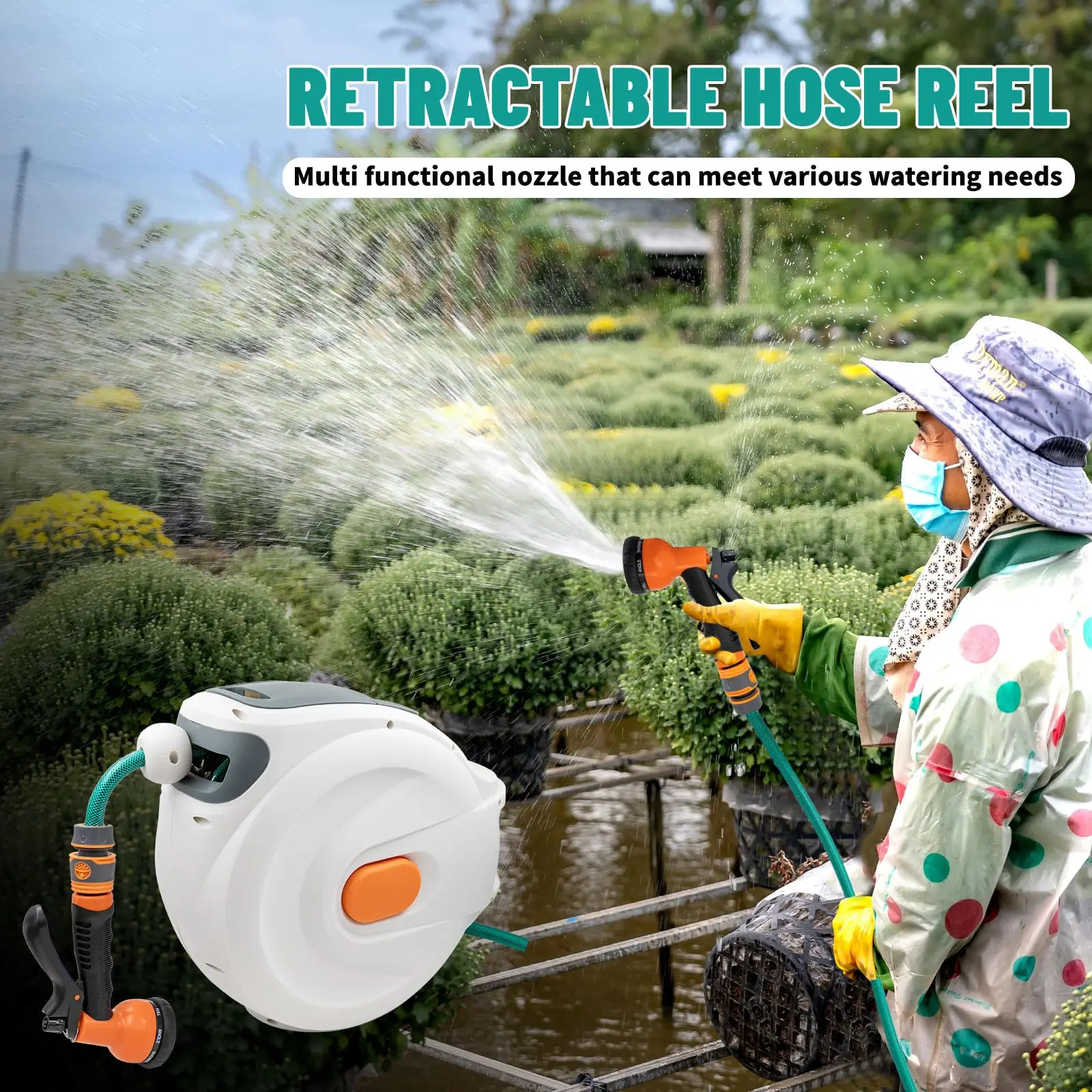 Retractable Hose Reel Self Rewind Heavy Duty Water Hose Reel 65.6FT 24 Bar Load Pressure with 8 Patterns Nozzle for Pet Bathing