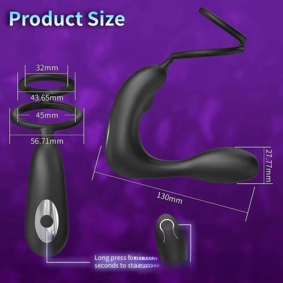 Wireless Remote Control Double Ring Lock Body-safe Silicone 12 Vibration Modes Prostate Massager Stimulator Dilator Butt Anal view 4