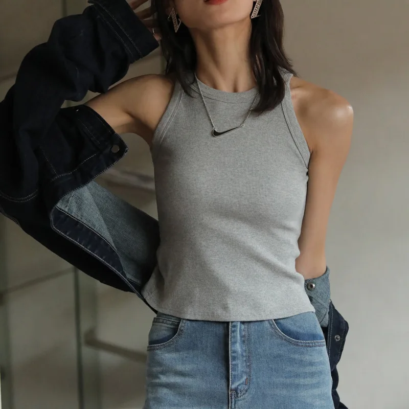 DOIAESKV Tank Top Women Basic Solid T Shirts Slim Halter Neck Off-shoulder Camisole Tops Tees Summer Female Tanks Sleeveless