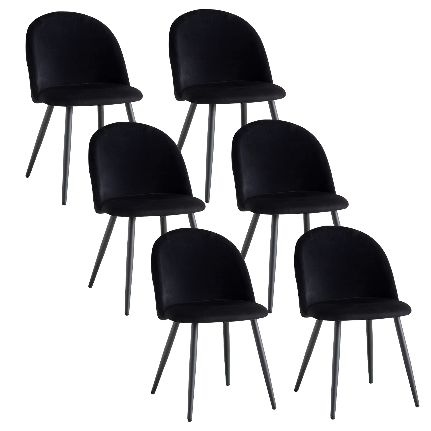 Un ensemble de 6 chaises de salle à manger rembourrées en velours avec pieds en métal, chaise de café, chaise longue pour zone de bureau, noir/gris/marron