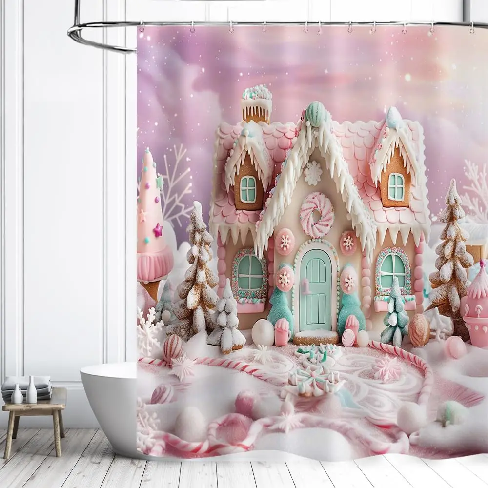 Merry Christmas Shower Curtain Winter Snowflake Green Let It Snow Bathroom Curtains, Merry Xmas Small Snowflakes Fabric Bath