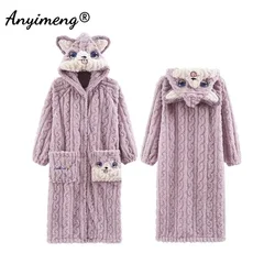 Kawaii Fluffy Robes for Woman Soft Flannel Thermal Pajamas Fashion Kawaii Sleepwear for Woman Teddy Style Hoodies Robe for Lady