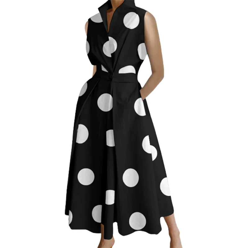 Office Lady Elegant Polka Dot A-line Dress Summer Sleeveless Lapel Collar Evening Midi Dresses for Women 2023 New